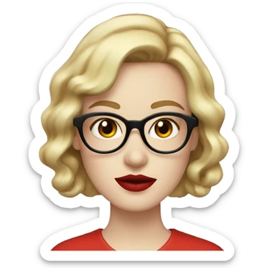 Woman with red wavy bobcut and black cateye glasses, pale skin and red lipstic sticker