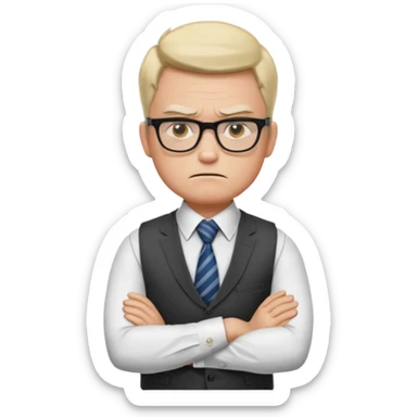 Frowns with Glasses, Strict Teacher: Man with square glasses, vest and tie, arms crossed, angry face

 sticker