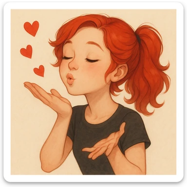 Create an image of a red headed girl blowing kisses. Match the style of the reference image provided, which has a soft, detailed, and slightly whimsical illustration style. Focus on capturing the character's expression and gesture accurately while maintaining the artistic style of the reference. sticker