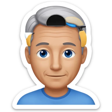 Middle aged man with tanned skin, receding black to grey hair and no beard, blue eyes, shy smile sticker