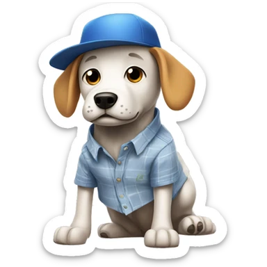 Dog wearing a shirt and crocs and a hat and a Roblox shirt sticker