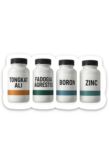 4 boccette di integratore: Tongkat Ali, Fadogia Agrestis, Boron e Zinco fluttuano in aria verticalmente sticker