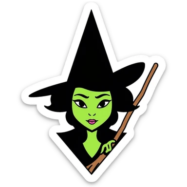 Elphaba from Wicked musical, green-skinned witch with pointy black hat and broom sticker