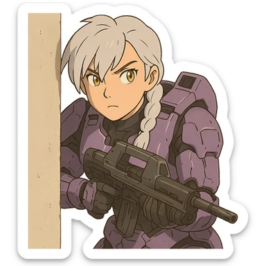 female, wearing reach spartan armor default, long white braid hair with massive messy front side single bangs, gold yellow eyes, attention pose, HALO:series, no helmet, the armor is lavender color scheme, shoulder pad off. DDD bust size fitting. Punk gothic cyberpunk, peeking around a corner while aiming a classic HALO1 AR, tactical, lean sticker