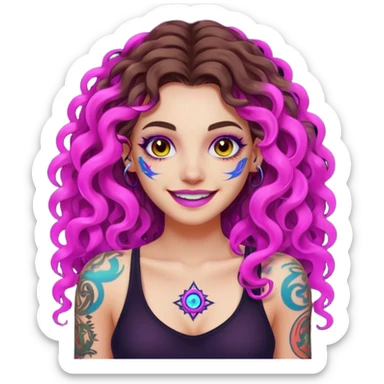 woman with long curly brown hair, brown eyes, white skin, tattoos, fake innocent smile with chaotic neon aura sticker