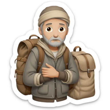 A homeless man wrapped in an old blanket, holding a backpack filled with his belongings, expression calm but weary.
 sticker