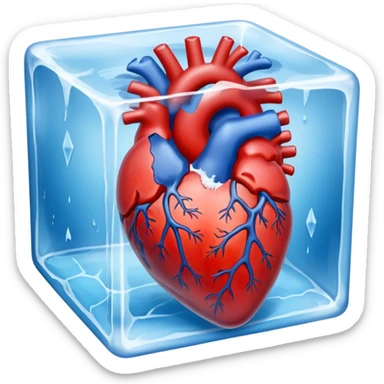 A realistic human heart completely frozen, trapped inside a clear ice cube sticker