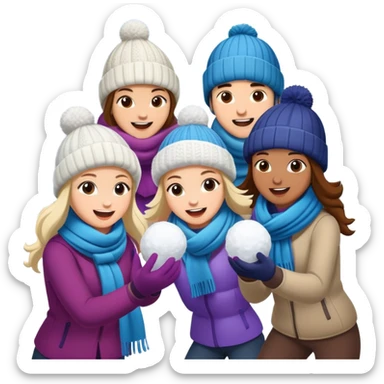 a group of friends having a snowball fight, winter hats and scarves, playful sticker