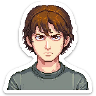 A man with brown hair and brown eyes, a little angry but kind at the same time. He has a bob-style hairstyle that covers his ears, has bangs in front of his eyebrows, and white skin. sticker