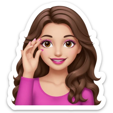 girl with long wavy brown hair, brown eyes, long lashes makeup, sexy pink lips, light to medium complexion, pink sexy top, smiling, hand covering eyes sticker