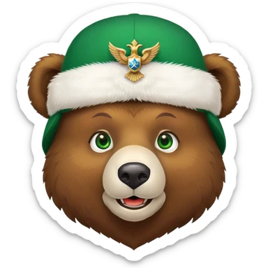 Smiling brown bear face with vivid green eyes, wearing traditional white ushanka hat featuring double-headed eagle emblem, Russian style sticker