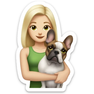 A blonde girl with green eyes with a square hugs a French bulldog with brown eyes and dark gray fur sticker
