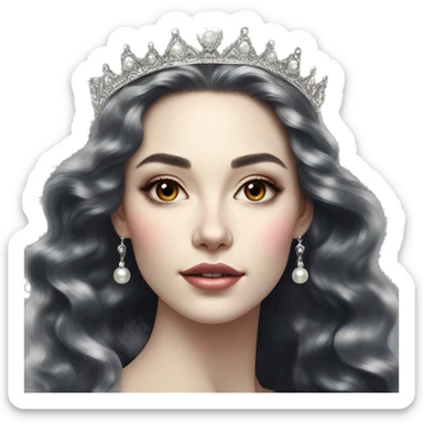 Regal pretty slender woman photograph defined cheekbones high cheekbones crown vintage with very long iridescent black and silver hair wavy long hair pearl crown iridescent sticker