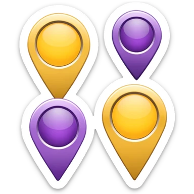 simple, minimalistic yellow (hex#FFD008) and purple (hex#8C52FF) icons of a pin location (round top and sharp bottom) sticker