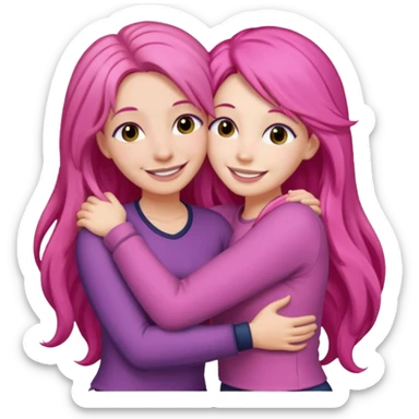 Surprisingly goofy once they open up. Strong, loyal, and incredibly supportive — but still hates wasting time. one woman long pink hair hugging another woman with dark hair sticker