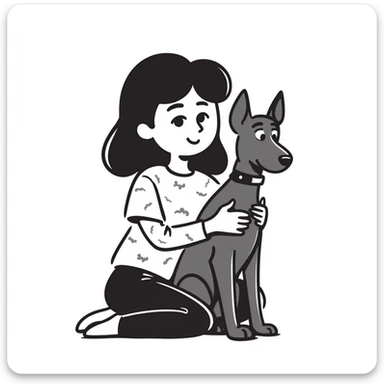 A medium black hair Asian girl holding a Doberman sticker