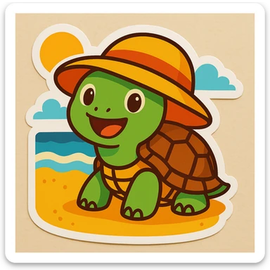 Replace the party hat with a sun hat on the turtle on the beach, keeping the fun and colorful chibi stickers cartoon style. sticker