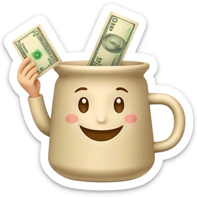 a smiling glue pot holding a banknote sticker
