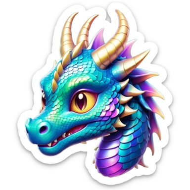 Cinematic Cute Dragon Portrait Emoji, Head tilted playfully and inquisitively, with a sleek, serpentine body adorned in iridescent scales and a charming, expressive face featuring subtle, delicate horns, round, sparkling eyes brimming with curious magic, Simplified yet irresistibly adorable features, highly detailed, glowing with a warm, enchanting glow, high shine, affectionate and mystical, stylized with a touch of whimsical fantasy, soft glowing outline, capturing the essence of a mischievous yet loving dragon that feels like it could slither out of the screen into your arms! sticker