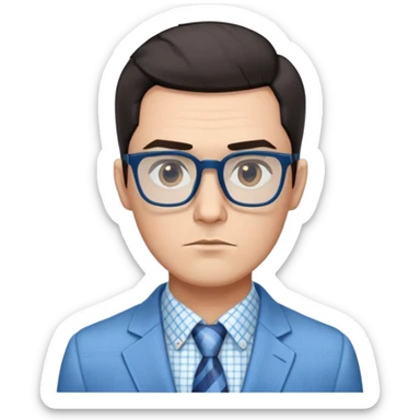Man with angular square face, large dark square eyeglasses, short straight dark hair with side part. Composed serious expression. Wearing a light blue blazer over a white button-up shirt with blue checkered pattern. sticker