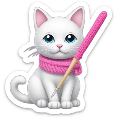 White cat with pink crochet hook sticker