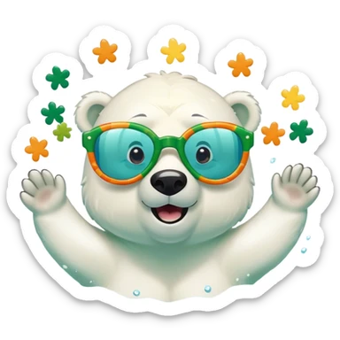 friendly anthropomorphised polar bear swimming freestyle, excited expression, wearing large multicolored star-shaped glasses, no St. Patrick's Day outfit sticker