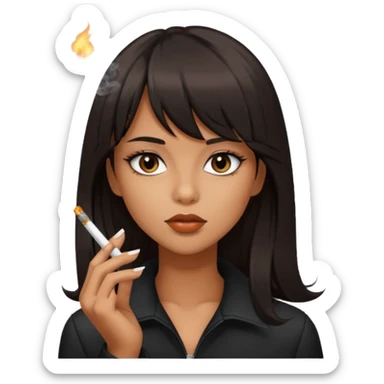Hot girl with tan skin, dark brown eyes, and dark long layered hair with bangs smoking a cigarette  sticker