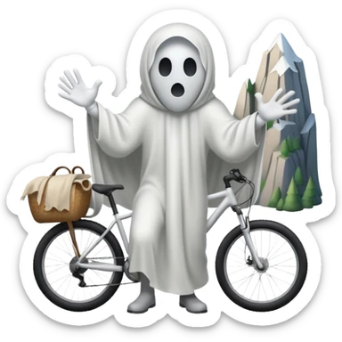 Ghost on bicycle, 3d pictograph, full body, male, arms covered with cloth and invisible, holding handlebars, left hand also holding handlebars, mountain bike sticker