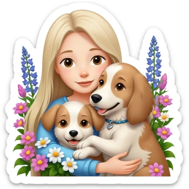 A beautiful girl with long straight hair happily hugs an Alaskan dog in the flowers sticker