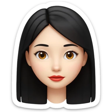 A cute 3D female emoji avatar, smooth skin, long straight black hair, glossy lips, soft lighting, minimal background, beauty branding style, high quality, Pixar style, front view, symmetrical face, clean and elegant sticker