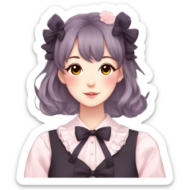 Gorgeous pastel anime style lady with blushing face and flowers and laces and bow ties and pretty hair aesthetic trending style sticker