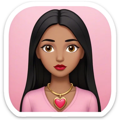 Woman,Medium brown skin,super long black straight hair, medium brown arched eyebrows, full lashes, red nude lips, small gold heart locket, pink shirt sticker