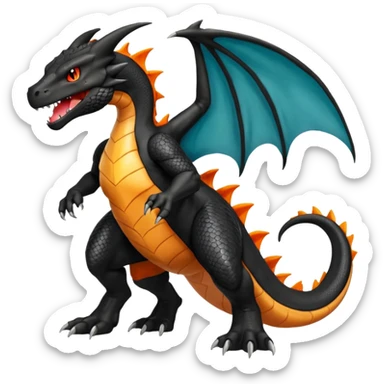 Shiny Black Koraidon-Charizard-Salandit-Fakémon-hybrid-creature (full body) with orange belly sticker