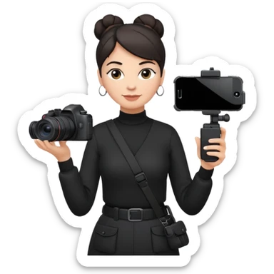 middle aged woman photographer with dark hair in a bun, wearing black clothes, carrying a canon r5 and an iPhone on a gimbal sticker