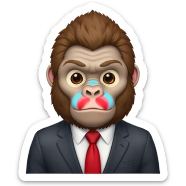 Brown haired cartoon gorilla with tufted fur on head, with light skin tone and a red tie sticker