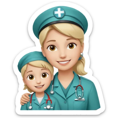 A young medic (woman) attending to a child at the local hospital sticker