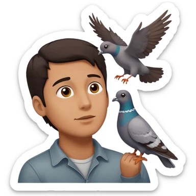 man open arms looking at a flying pigeon sticker