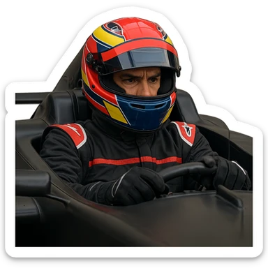 Formula 1 driver in a car, focused expression, racing helmet and suit sticker