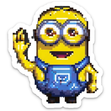 happy Minion pixel art character, two eyes, waving hand sticker