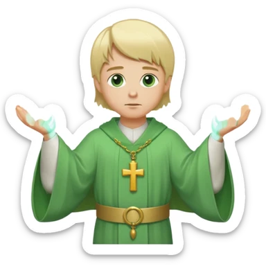 a priest, green eyes, blonde hair, light green wide, flowing, bell-shaped outer robe. opening arms, gazing thoughtfully. Soft light, subtle fern. Waist-up, profile. sticker