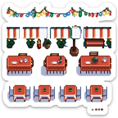 Italian restaurant with outdoor seating, checkered tablecloths, string lights in pixel art style sticker