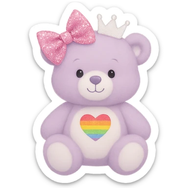 Add a glittery bow that sparkles to the purple and white teddy bear with a heart-shaped rainbow patch and a white crown. Keep the bear soft and plush, with no shadows and flat lighting. Remove the background. sticker