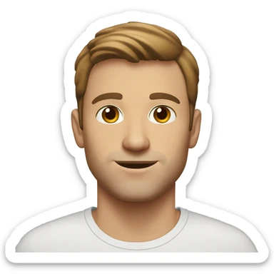 A head and shoulders shot of a 32 year old white man, with short brown hair,   with brown eyes wearing a t-shirt. sticker