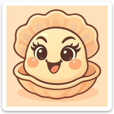 Create a version with even more expressive black eyes, expressive eyebrows, pretty eyelashes, and enhanced pastel, pearly, cream, peach, and greige shades. Keep the large shell, small oyster, pastel toon style, background, and mischievous expression as in the reference image. sticker