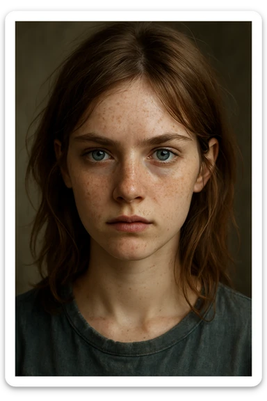 portrait of a girl with dusty brown hair, sharp blue eyes, pale skin with freckles sticker