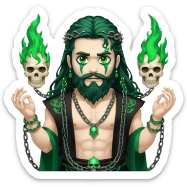 hades greek god with green flames and beard with chains on his arms and neck, Long wavy hair. He has some skull accessories Dynamic pose sticker