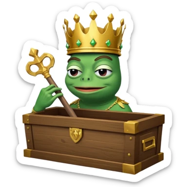Emoji of an empty wooden coffin with its lid on top, the word ‘ECHO’ carved into the lid. The coffin is shown from the outside. A king-like Pepe the Frog, standing outside the coffin, is hammering nails into the lid to seal it shut. No character is inside the coffin. Not a treasure chest. sticker