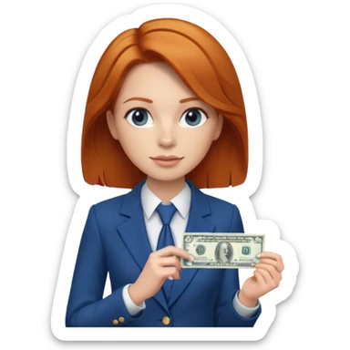 ginger hair Woman wearing blue suit holding dolar sticker