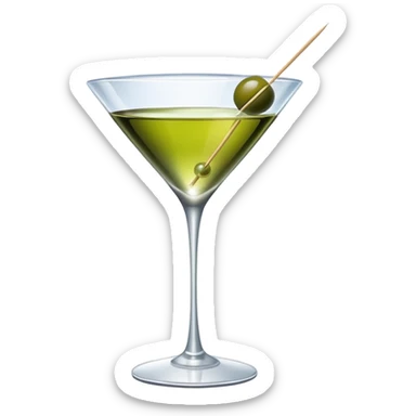 martini glass with clear liquid and an olive at the bottom skewered by a toothpick sticker
