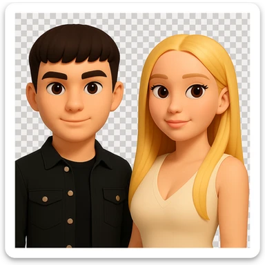 Slightly increase the volume of the upper body of the girl, separate the girl and the boy from each other, make the skin color the same for both. Maintain the cartoonish 3D style and keep the background transparent. The original style is cartoonish 3D. sticker